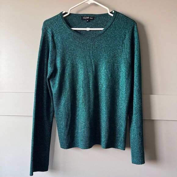 Twelfth Love Green Glittery Long Sleeve Scoop Neck Top Women Sz Medium Shimmer - Picture 1 of 13